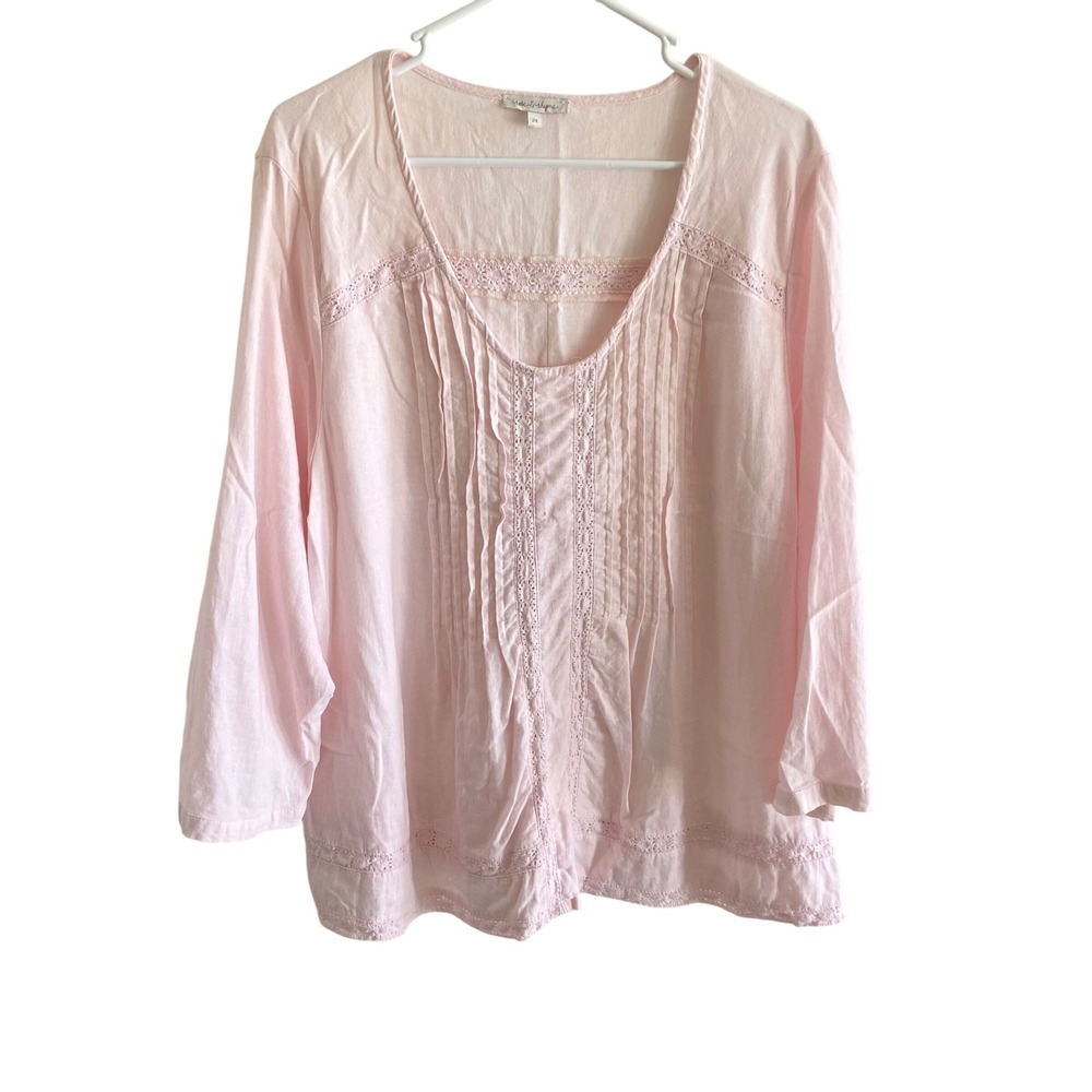 Rose & Thyme Pink Linen Blend Lace Pintuck Blouse 2X Boho Plus Size Top